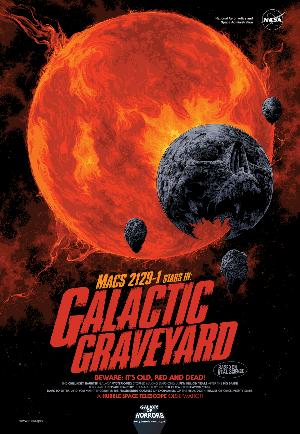 Macs 2129-1 (en) stars in Galactic Graveyard (Un cimetière galactique pour les étoiles de Macs 2129-1). (Poster d'Halloween 2020 du programme d'exploration des exoplanètes (en) de la NASA).